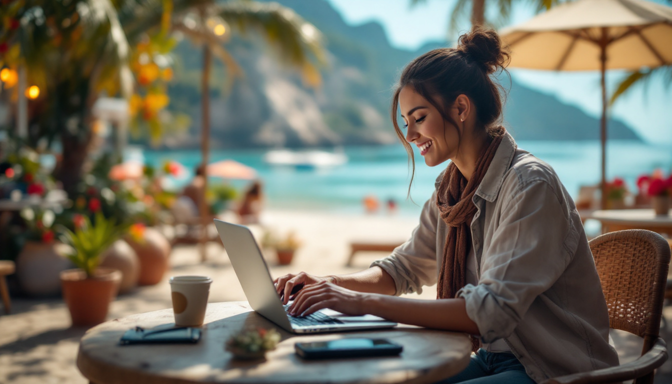 A photograph of a digital nomad working in a vibrant outdoor setting
