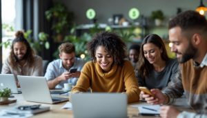 A photograph of a diverse group of professionals engaged in various work settings