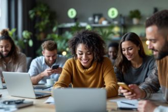 A photograph of a diverse group of professionals engaged in various work settings