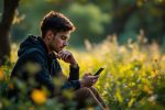 A photograph of a person using a smartphone in a serene