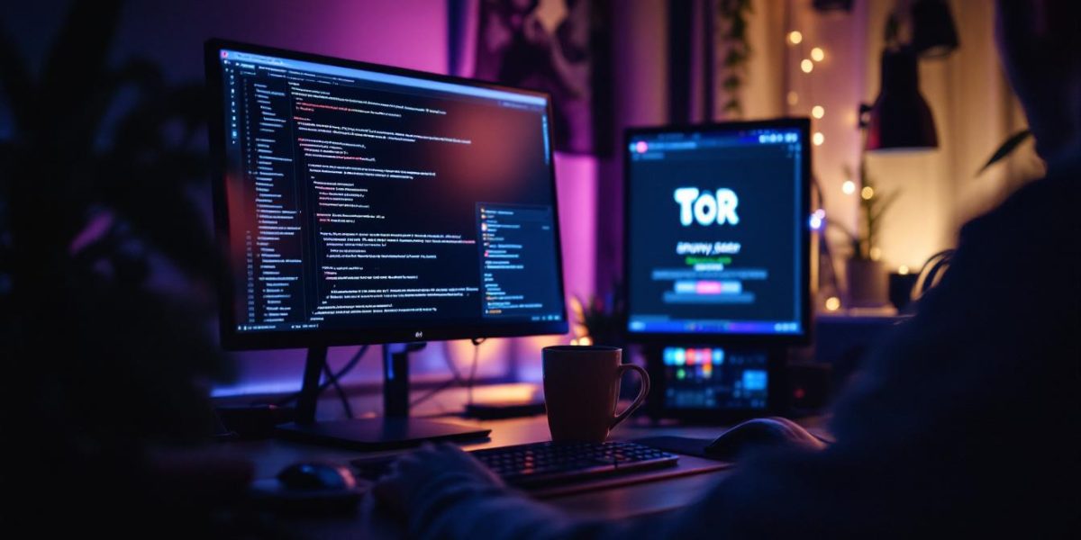 A photograph of a dimly lit workspace featuring a computer screen displaying code and a tor browser interface