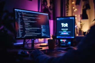 A photograph of a dimly lit workspace featuring a computer screen displaying code and a tor browser interface