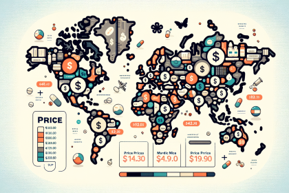 Draw an illustration of a world map highlighting the varying prices of oxycodone in different countries