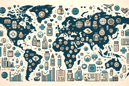 Draw an illustration of a world map highlighting various countries with icons representing myvanse