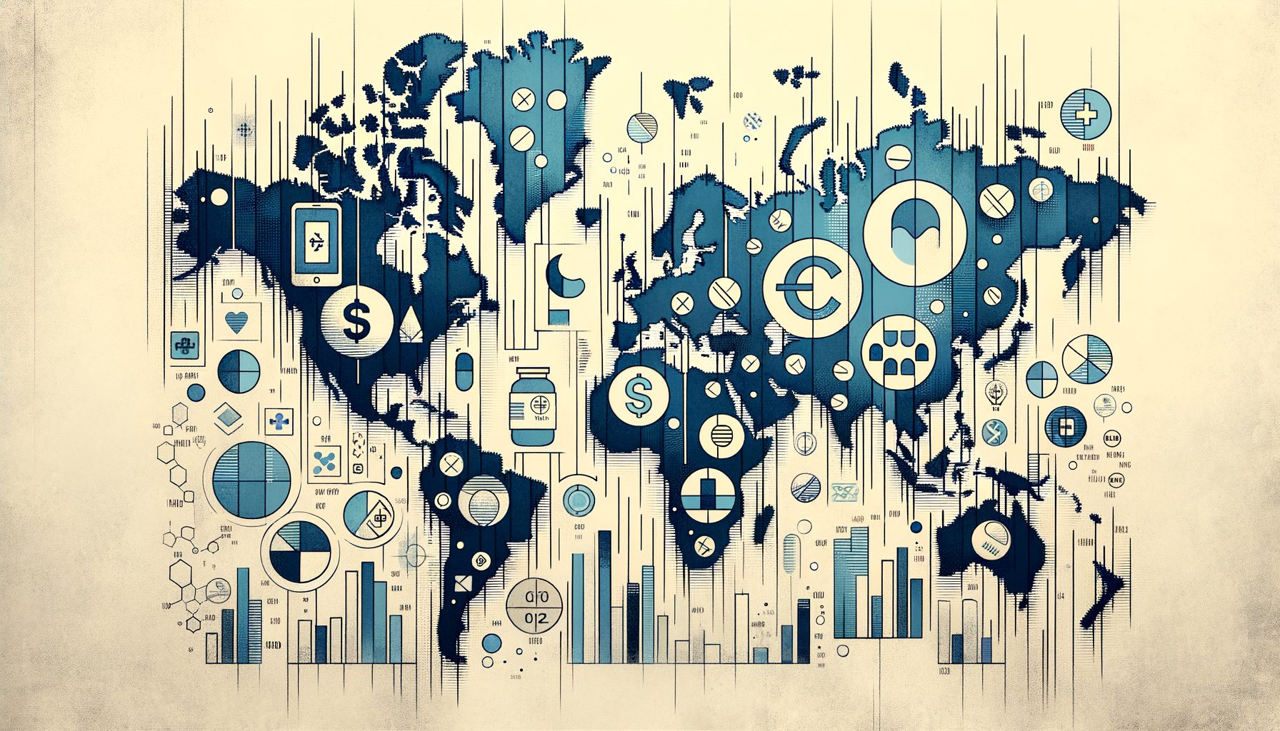 An abstract world map highlighting various countries with symbols representing the prices and usage of subutex