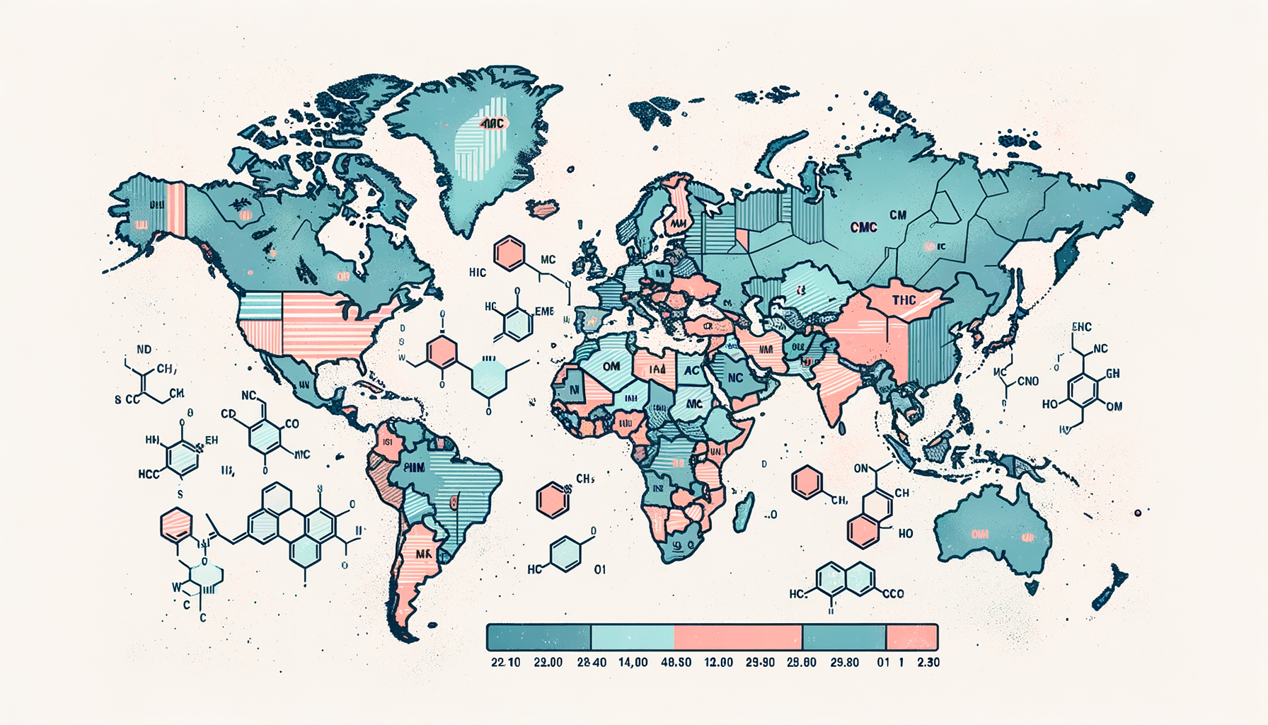 An abstract world map highlighting the countries mentioned in the article with visual representations of 4-cmc