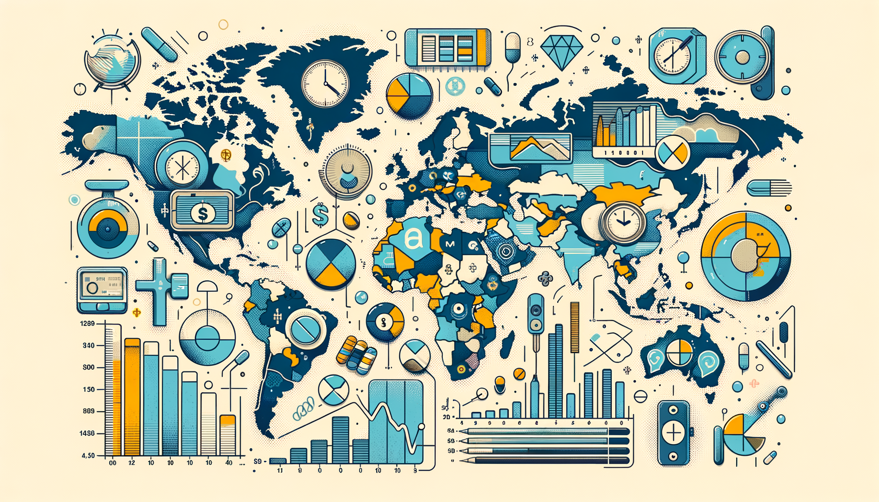 An abstract world map highlighting various countries with symbolic representations of amphetamine use