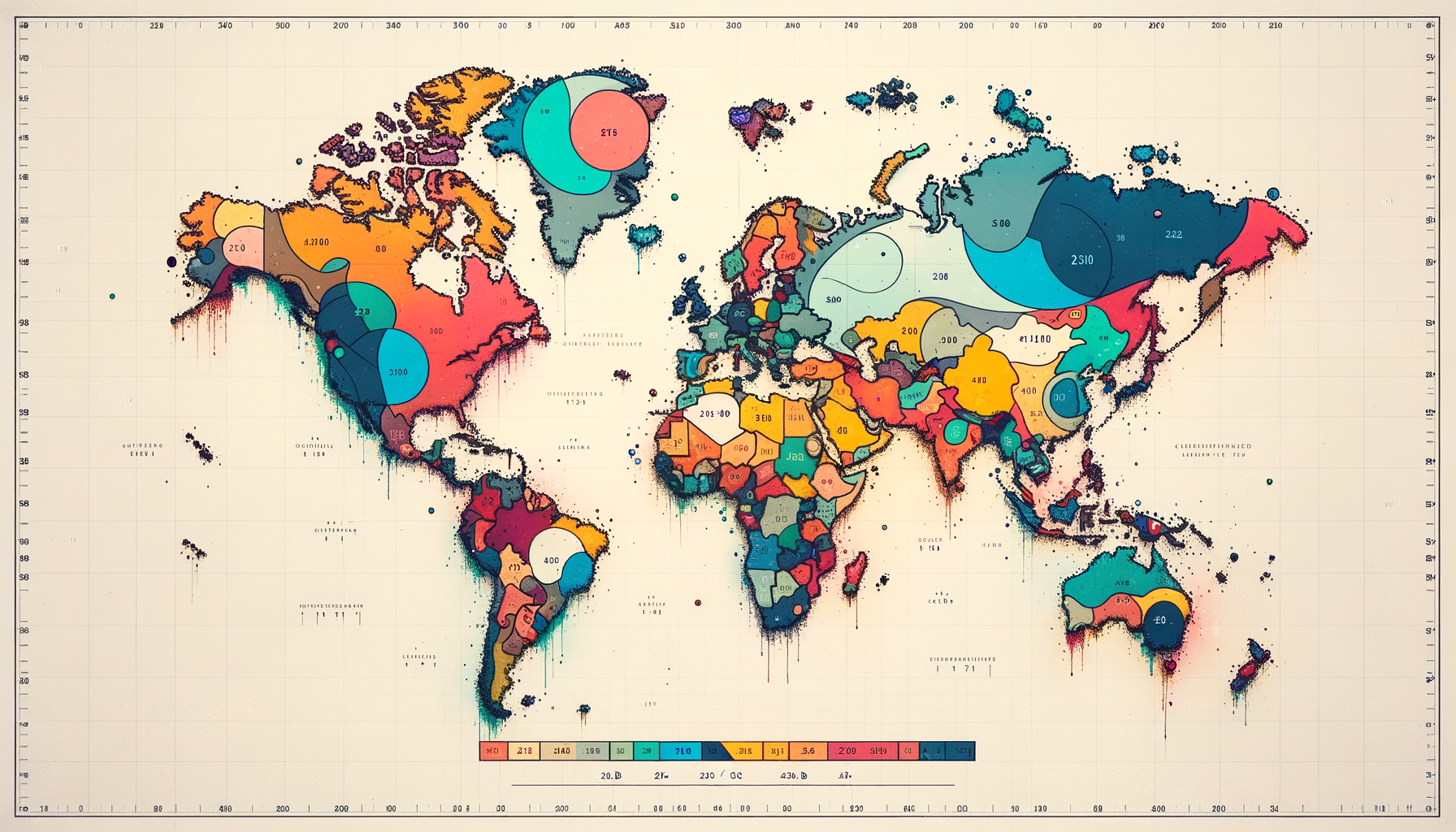 An abstract representation of a world map with highlighted regions indicating the varying prices of 2c-b