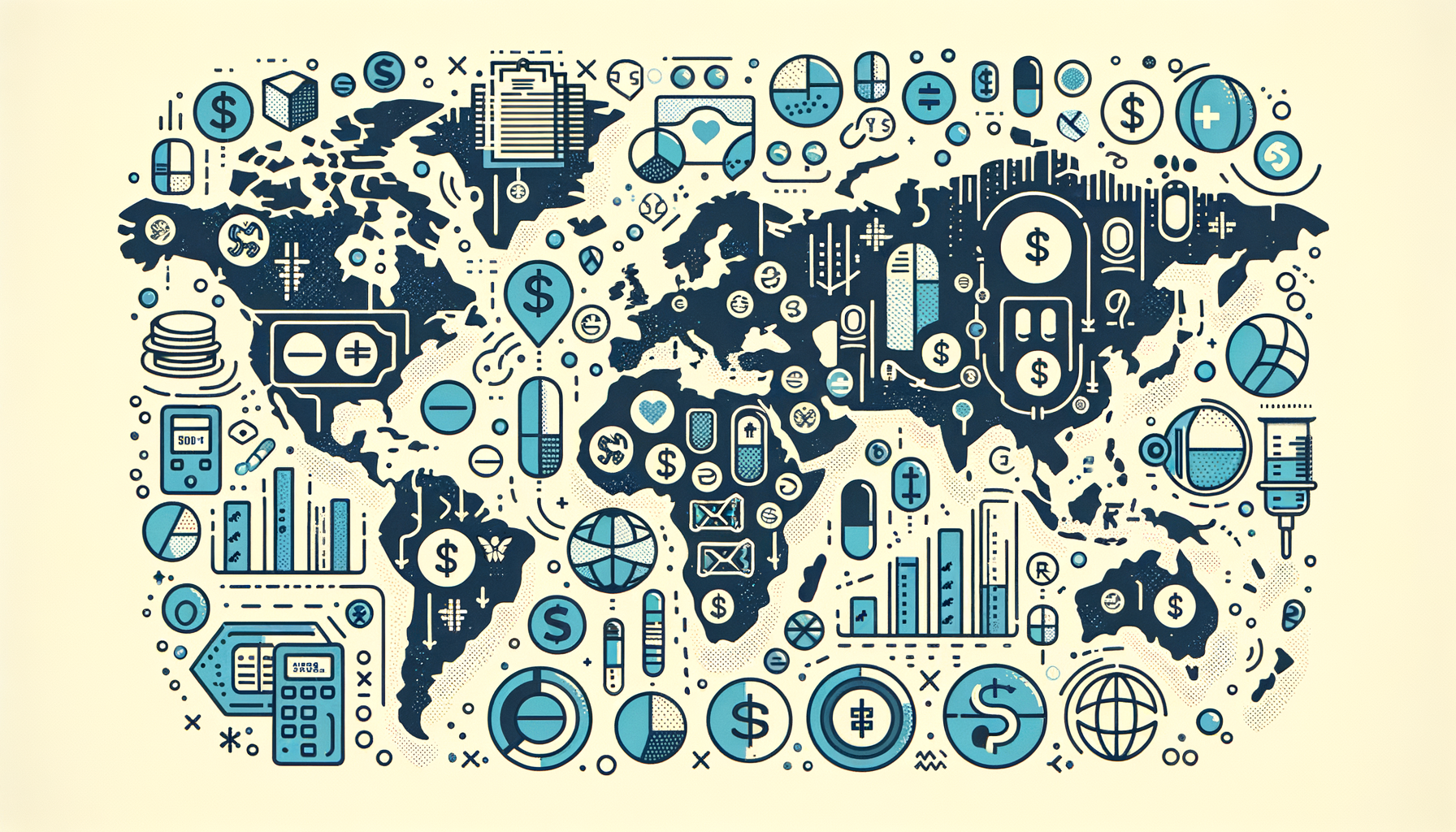 Draw an illustration of a world map highlighting various countries with icons representing the prices and common uses of buprenorphine