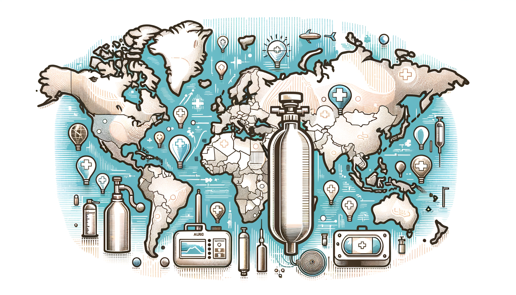 Draw an illustration of a world map highlighting various countries with icons representing the common uses of nitrous oxide