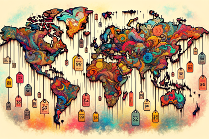 An abstract world map highlighting different countries with varying price tags for lsd