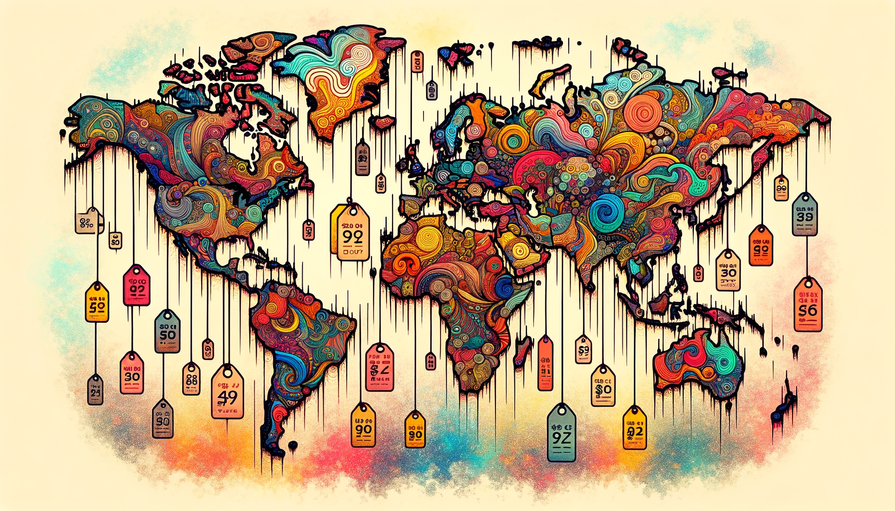An abstract world map highlighting different countries with varying price tags for lsd