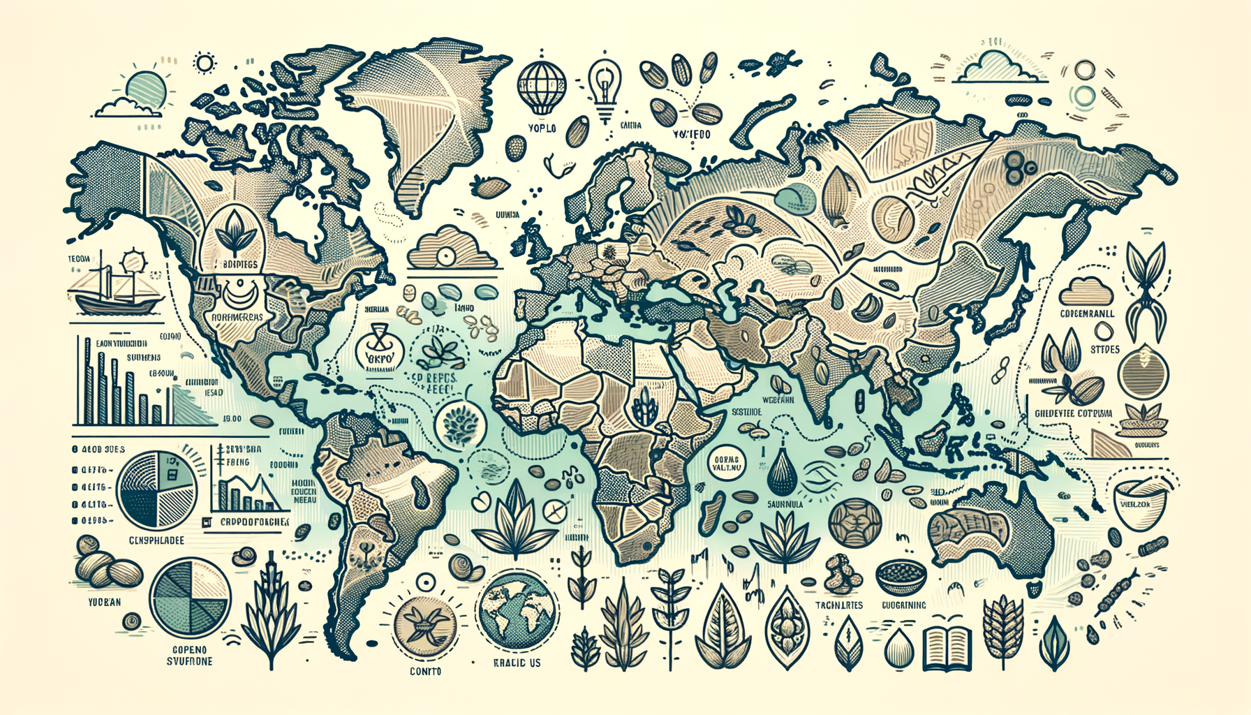 Draw an illustration of a world map highlighting various countries with visual representations of yopo prices and traditional uses
