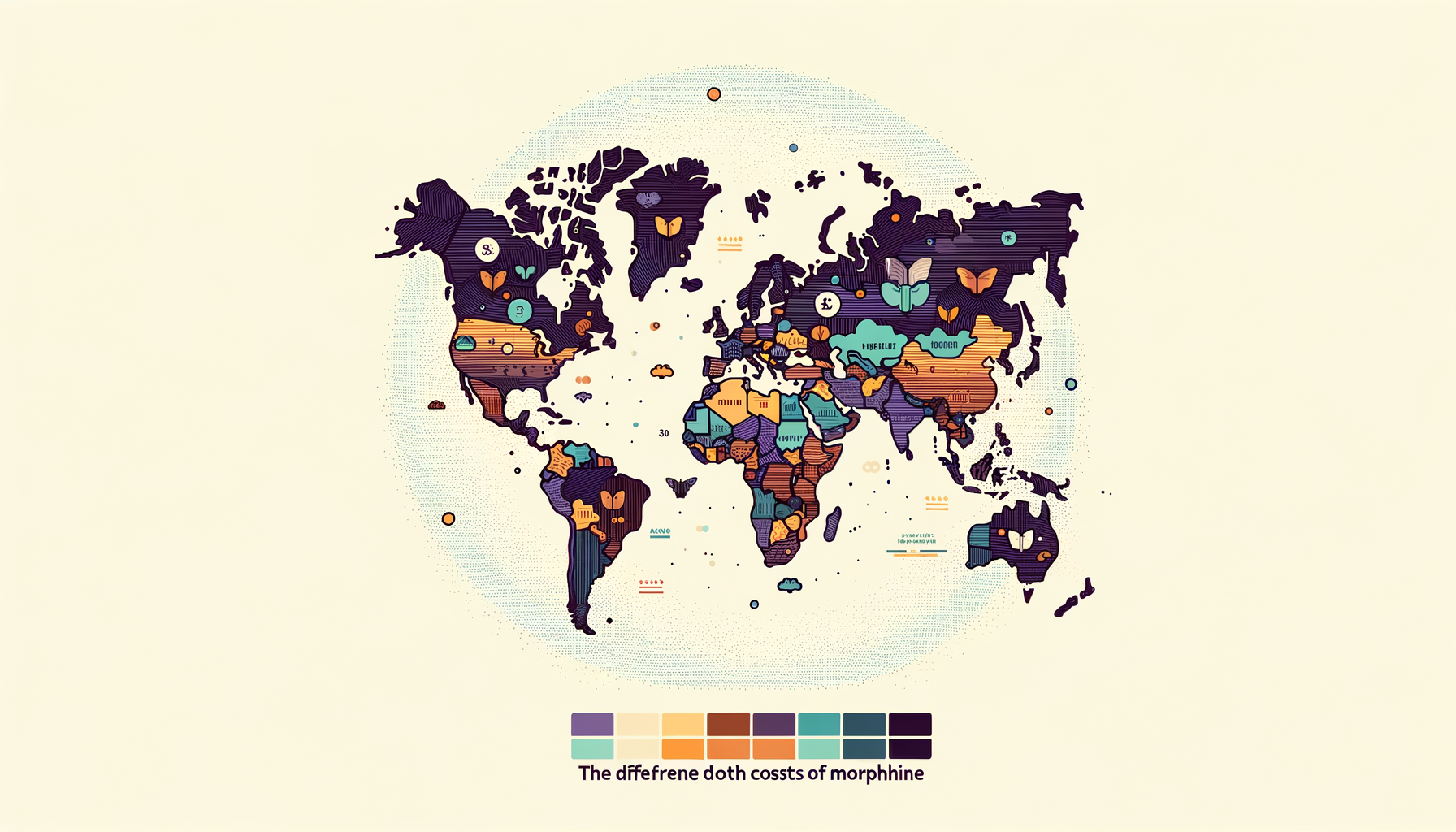 An abstract world map highlighting the varying prices of morphine in different countries