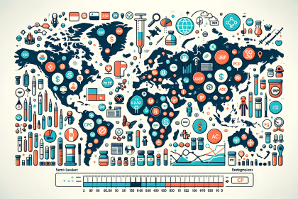 Draw an illustration of a world map highlighting various countries with symbols representing the different uses and prices of 3-me-pcp