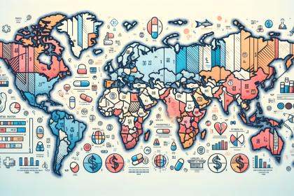 An abstract world map highlighting various countries with visual indicators representing the prices and common uses of pregabalin in each region