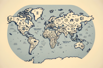 A world map highlighting various countries with symbols or icons representing the prices and common uses of xanax in each location