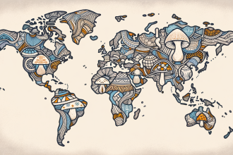 An intricate map of the world highlighting various countries with symbols representing psilocybin mushrooms and their unique cultural uses