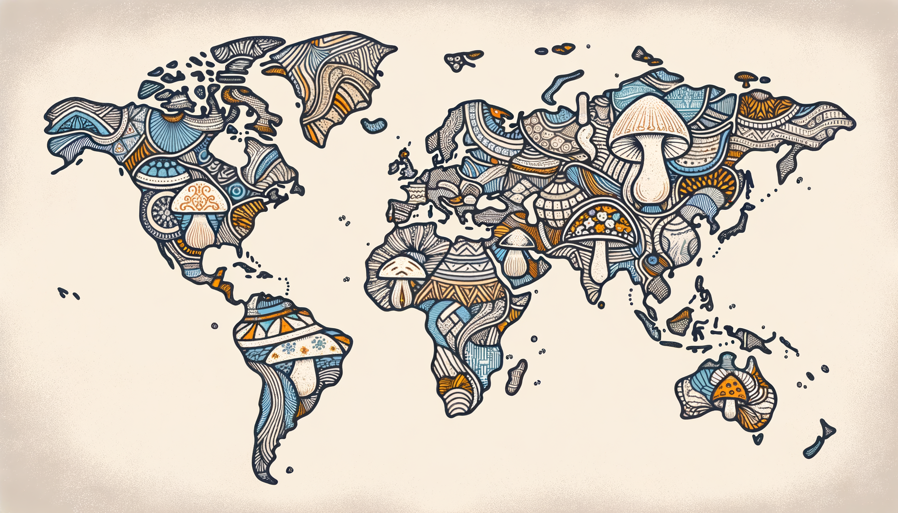 An intricate map of the world highlighting various countries with symbols representing psilocybin mushrooms and their unique cultural uses