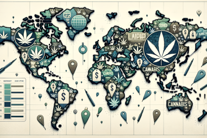 An artistic world map highlighting various countries with cannabis leaves and price tags