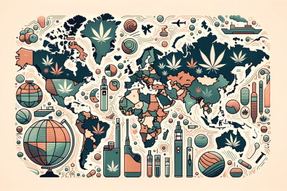 An abstract world map highlighting the countries mentioned in the article with varying shades to represent the different prices of synthetic cannabinoids