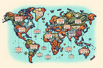 An intricate world map highlighting the varying prices of kratom in different countries