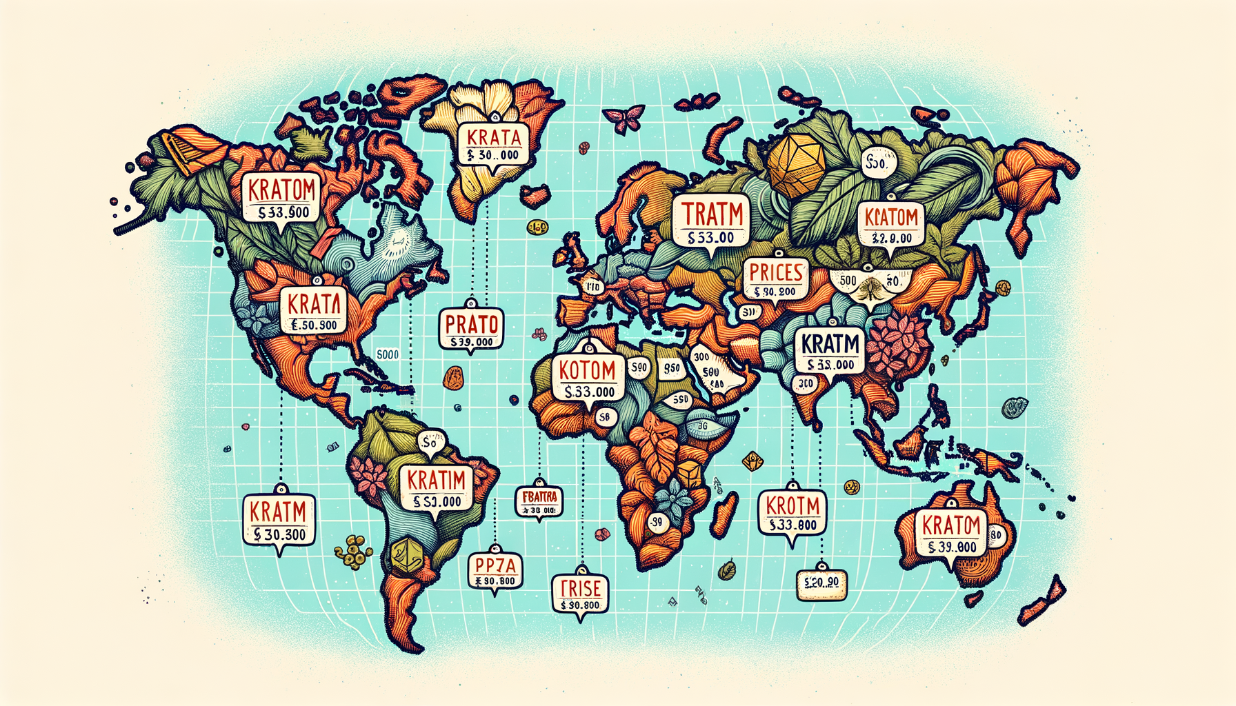 An intricate world map highlighting the varying prices of kratom in different countries