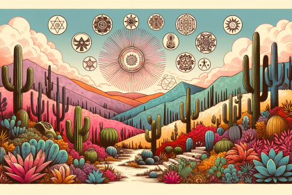 A vibrant landscape featuring the natural habitat of the peyote cactus and other mescaline-containing plants